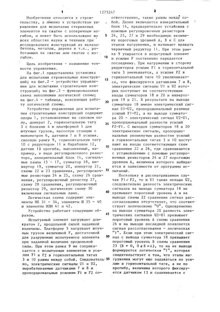 Устройство управления для испытания строительных конструкций (патент 1275247)