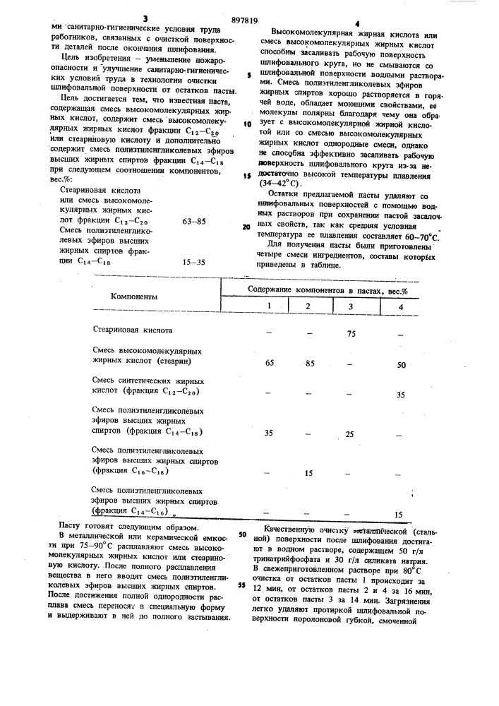 Безабразивная паста для засаливания шлифовальных кругов (патент 897819)