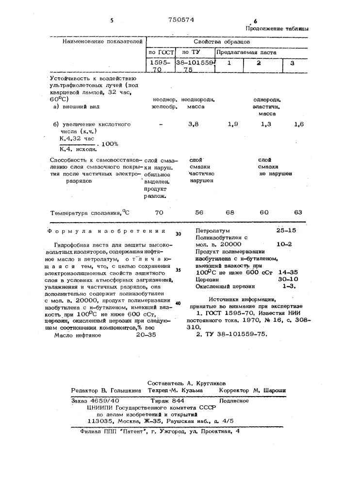 Гидрофобная паста для защиты высоковольтных изоляторов (патент 750574)