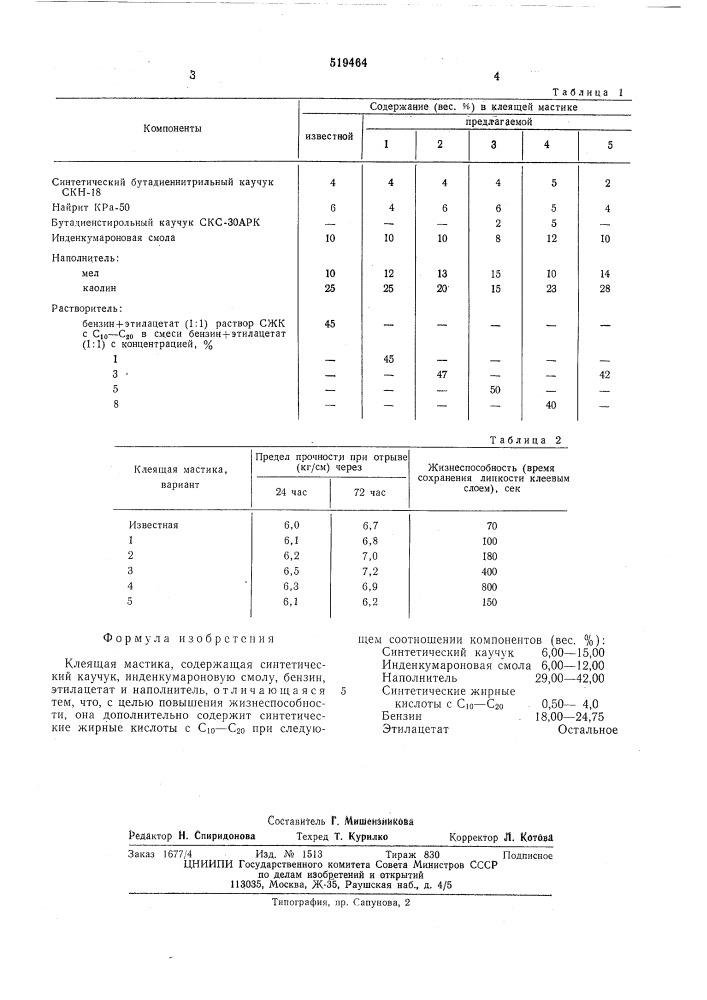 Клеящая мастика (патент 519464)