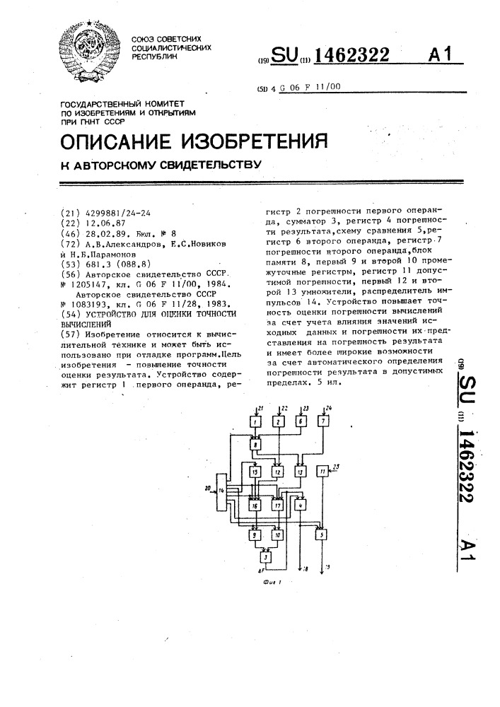 Устройство для оценки точности вычислений (патент 1462322)