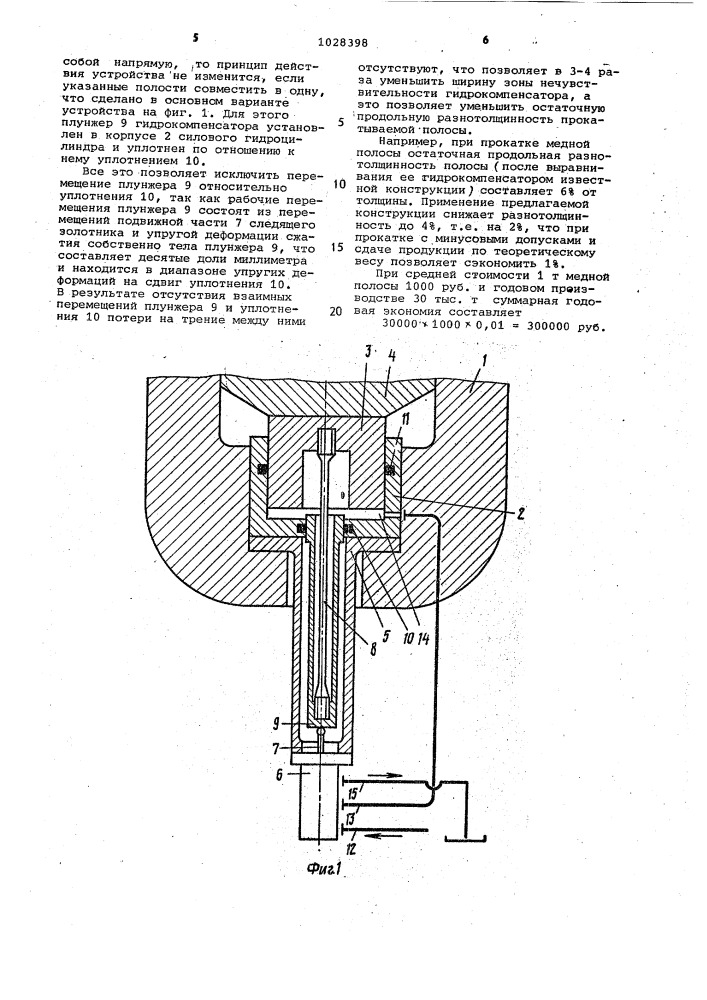 Гидравлическое нажимное устройство с гидрокомпенсацией упругой деформации прокатной клети (патент 1028398)