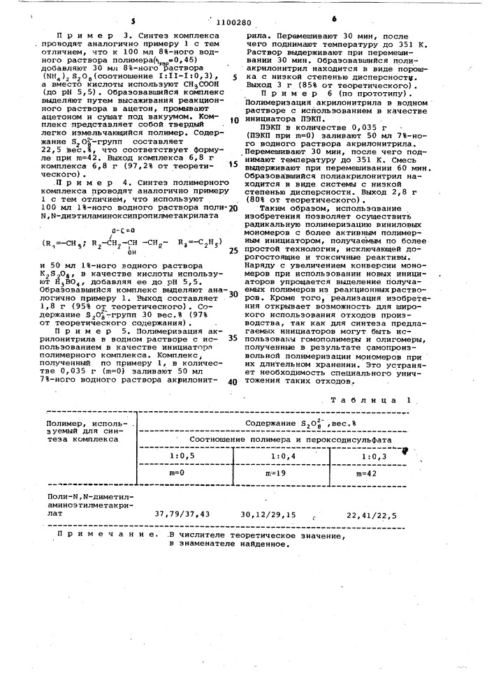 Полимерные комплексы пероксодисульфата в качестве инициаторов радикальной полимеризации мономеров винилового ряда и способ их получения (патент 1100280)