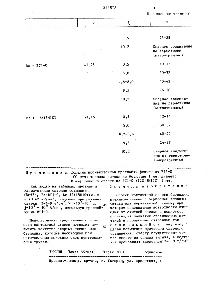 Способ контактной сварки бериллия (патент 1274878)