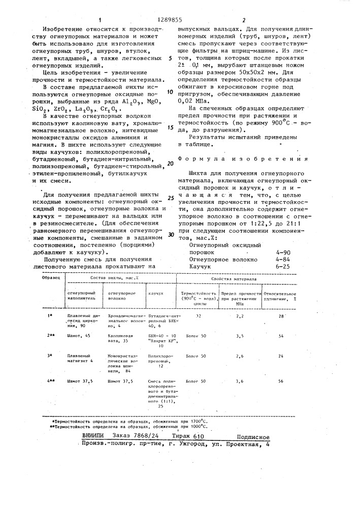 Шихта для получения огнеупорного материала (патент 1289855)