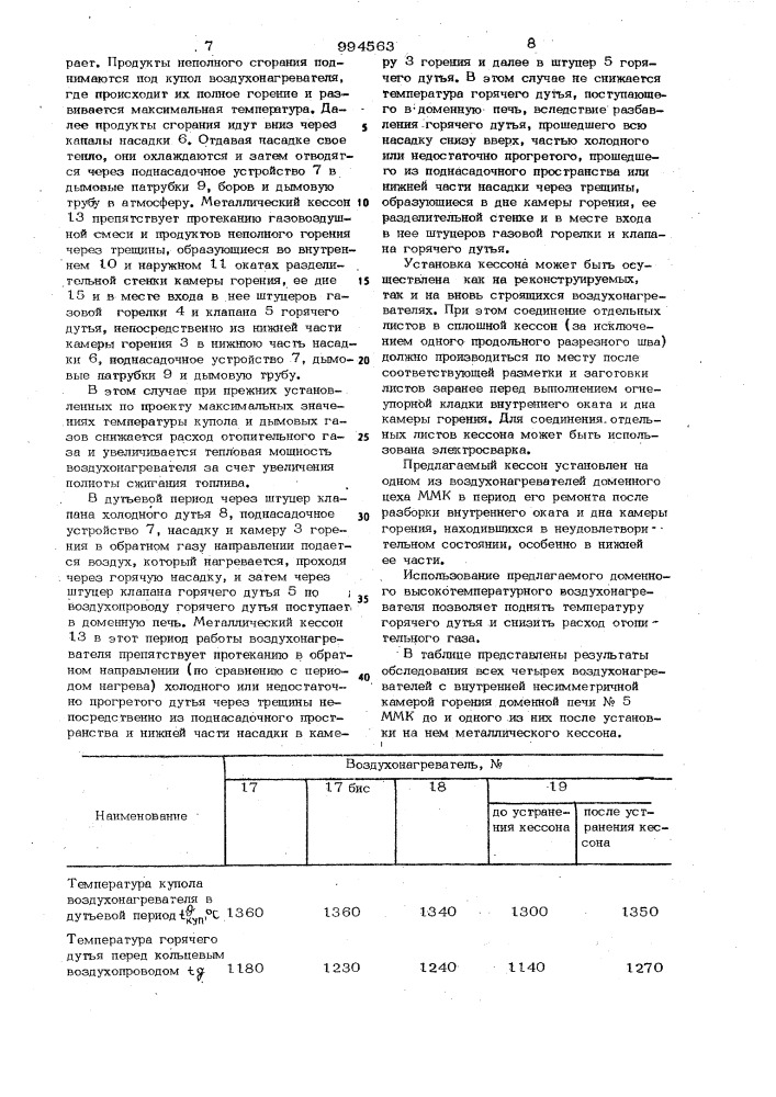 Доменный высокотемпературный воздухонагреватель (патент 994563)