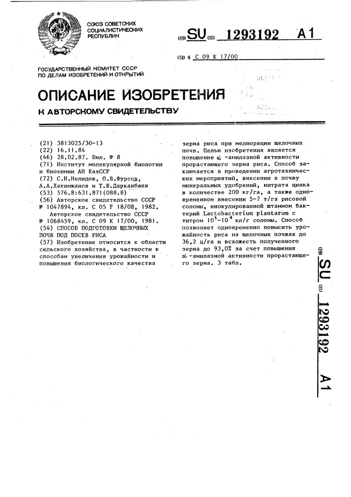 Способ подготовки щелочных почв под посев риса (патент 1293192)