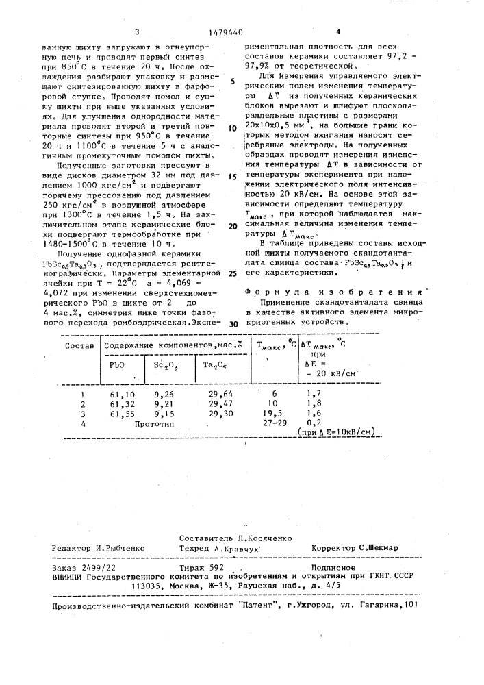 Скандотанталат свинца - активный элемент микрокриогенных устройств (патент 1479440)