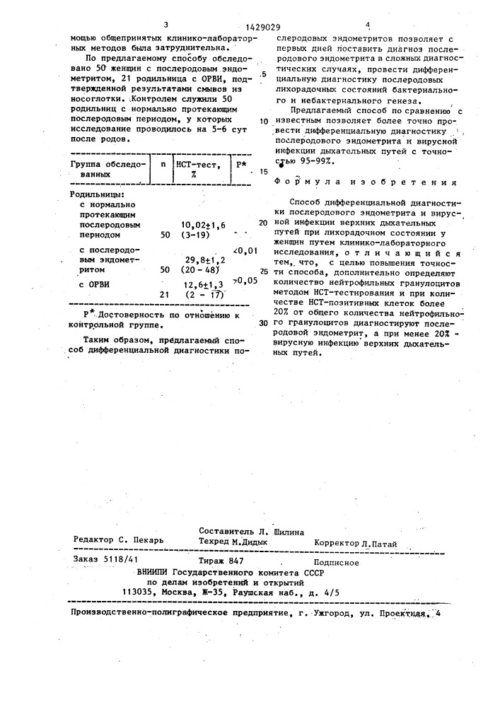 Способ дифференциальной диагностики послеродовых эндометритов и вирусной инфекции верхних дыхательных путей при лихорадочном состоянии у женщин (патент 1429029)