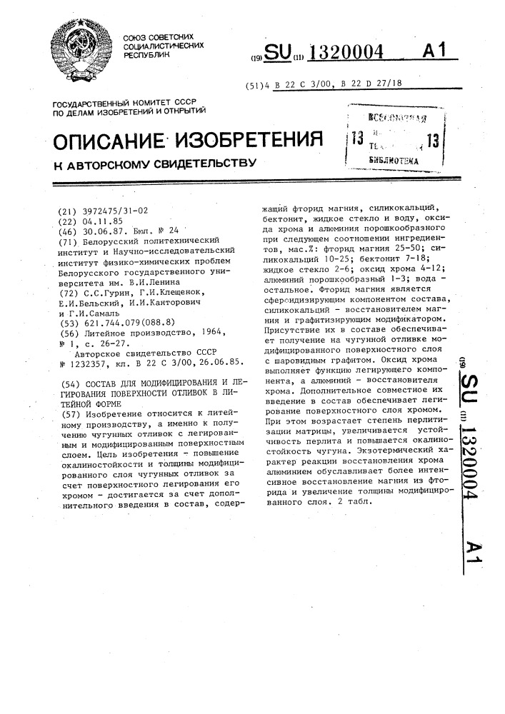 Состав для модифицирования и легирования поверхности отливок в литейной форме (патент 1320004)