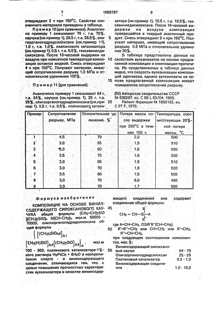 Композиция на основе винилсодержащего силоксанового каучука (патент 1086787)