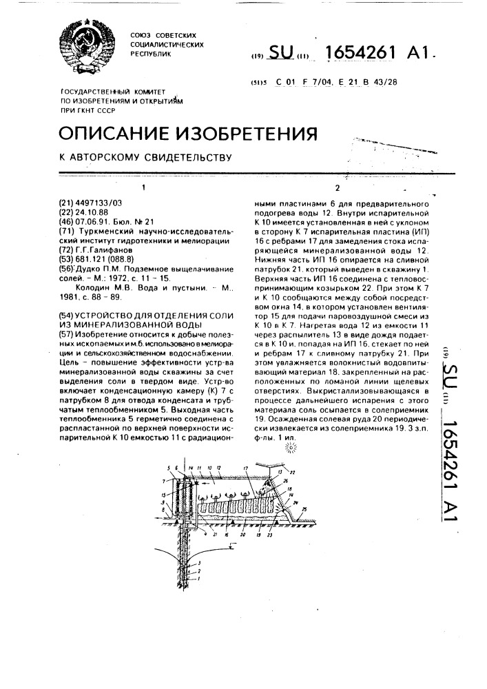 Устройство для отделения соли из минерализованной воды (патент 1654261)