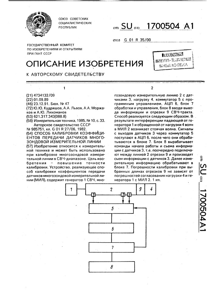 Способ калибровки коэффициентов передачи датчиков многозондовой измерительной линии (патент 1700504)