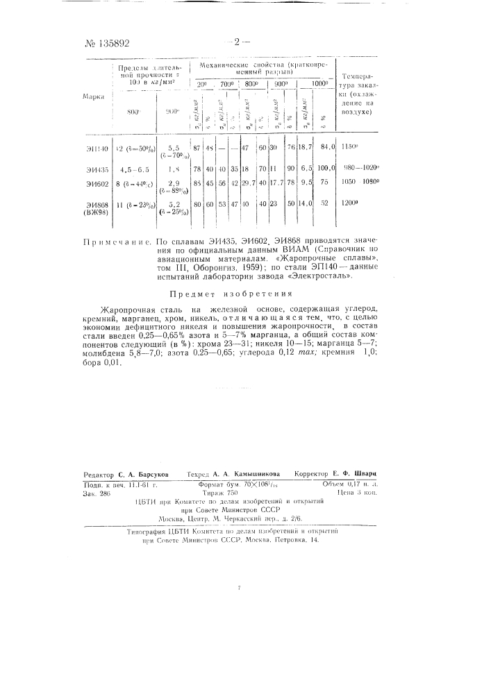 Жаропрочная сталь на железной основе (патент 135892)