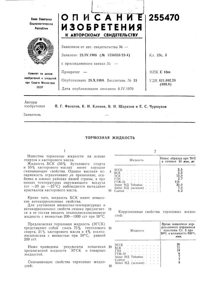 Тормозная жидкость (патент 255470)