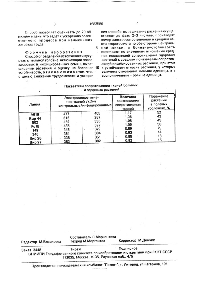 Способ определения устойчивости кукурузы к пыльной головне (патент 1683580)