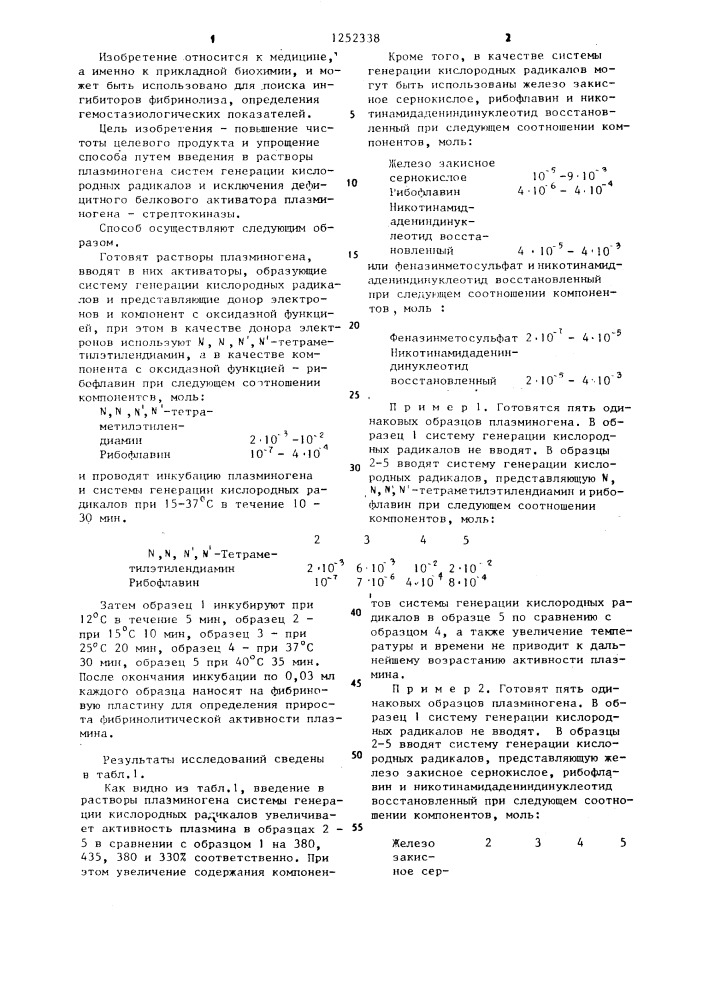 Способ получения плазмина (патент 1252338)