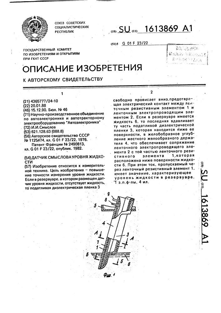 Датчик смыслова уровня жидкости (патент 1613869)