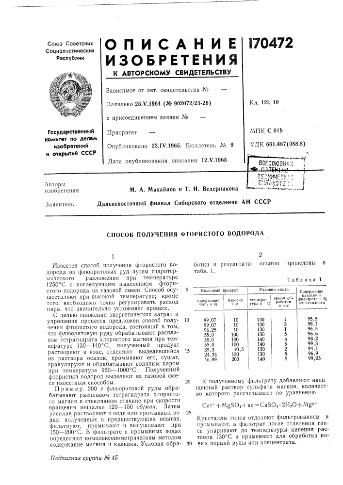 Способ получения фтористого водорода (патент 170472)