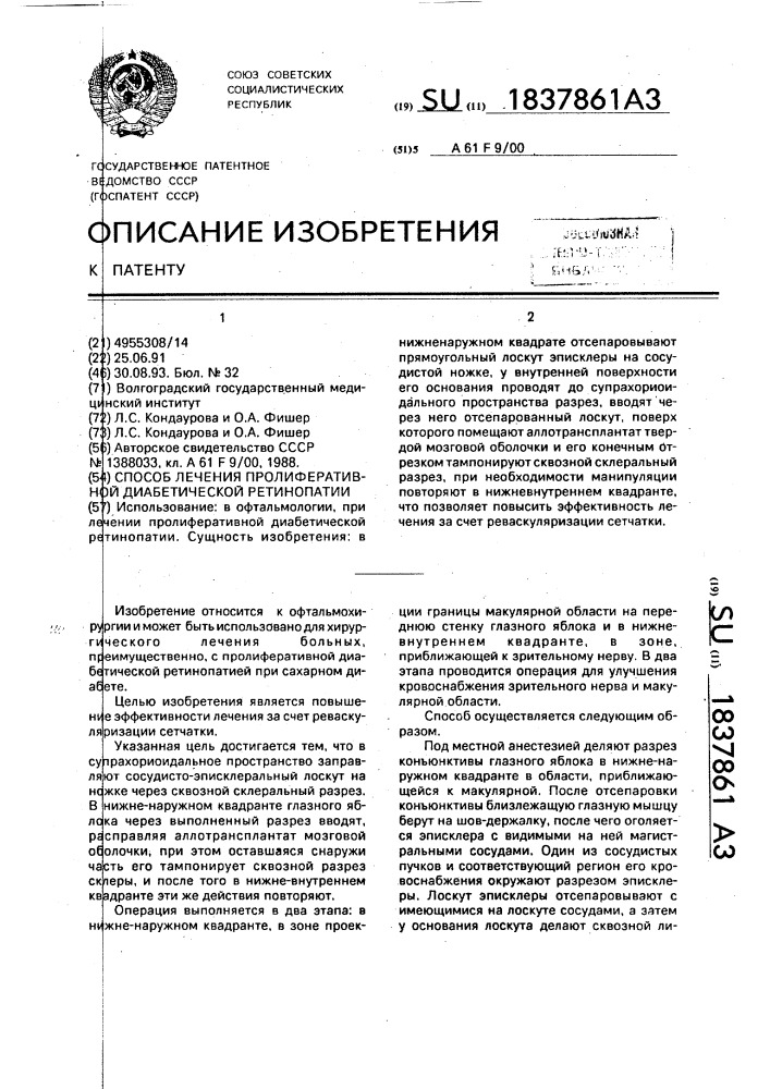 Способ лечения пролиферативной диабетической ретинопатии (патент 1837861)