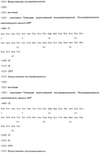 Аналог панкреатического полипептида человека (варианты), фармацевтическая композиция на его основе, способ лечения ожирения или диабета, способ снижения аппетита, уменьшения поглощения пищи или снижения потребления калорий и способ косметического снижения массы посредством указанного аналога (патент 2506273)