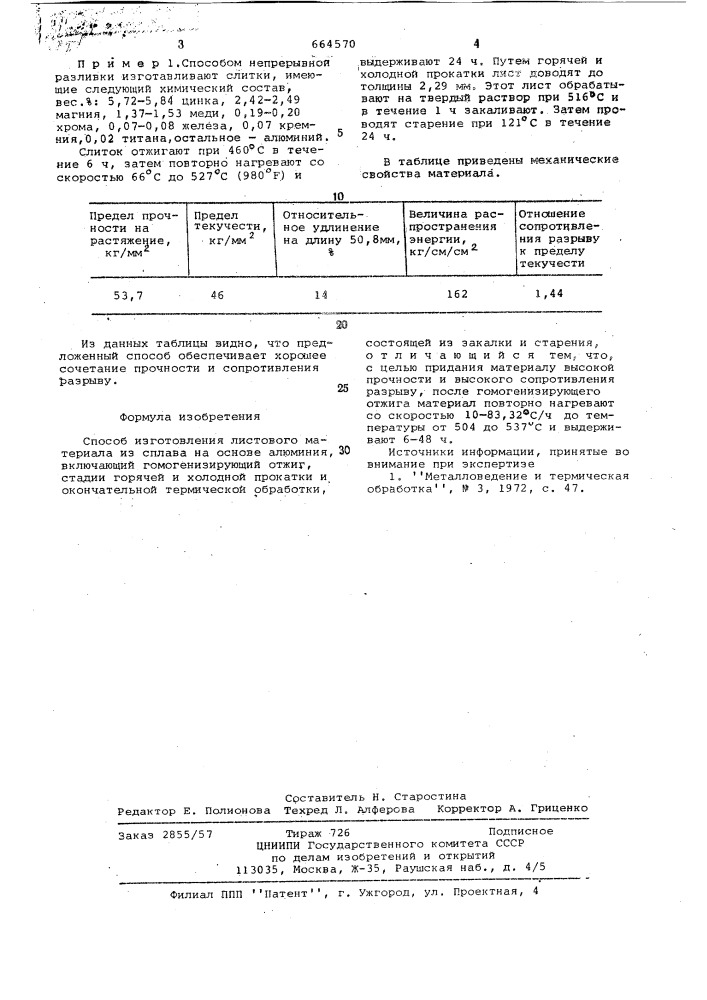 Способ изготовления листового материала из сплава на основе алюминия (патент 664570)