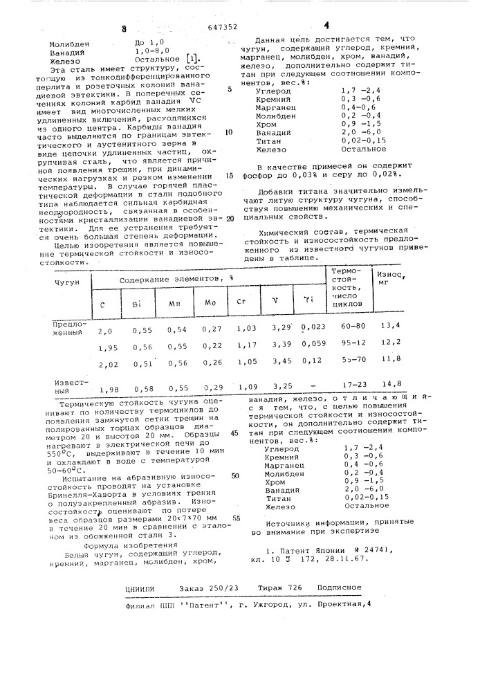 Белый чугун (патент 647352)