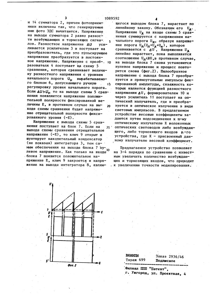 Устройство для моделирования нейрона (патент 1089592)