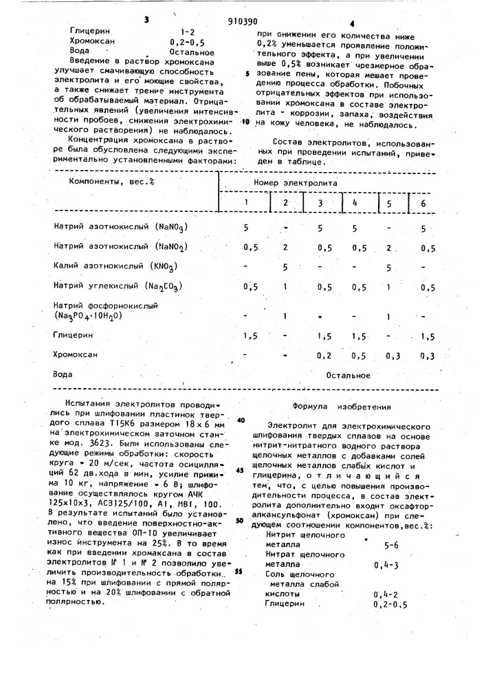 Электролит для электрохимического шлифования твердых сплавов (патент 910390)
