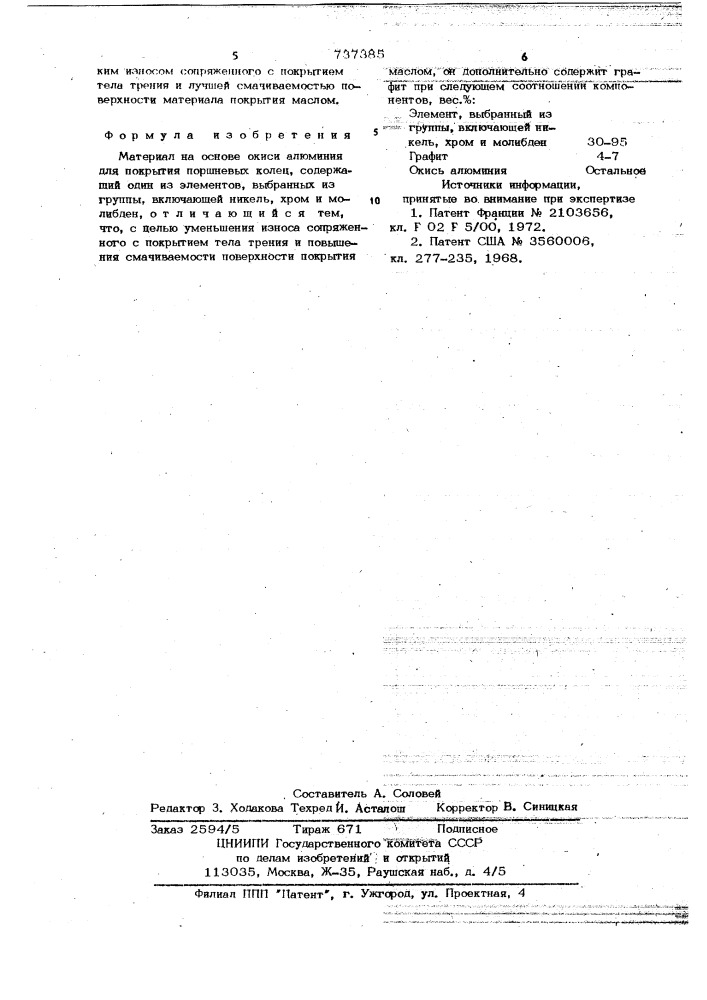 Материал на основе окиси алюминия для покрытия поршневых колец (патент 737385)