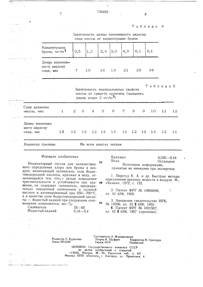 Индикаторный состав для количественного определения хлора или брома в воздухе (патент 739403)