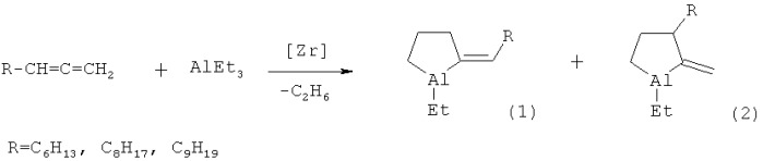 Способ совместного получения 1-этил -2-алкилиденалюминациклопентанов и 1-этил-2-метилен-3-алкилалюминациклопентанов (патент 2423370)