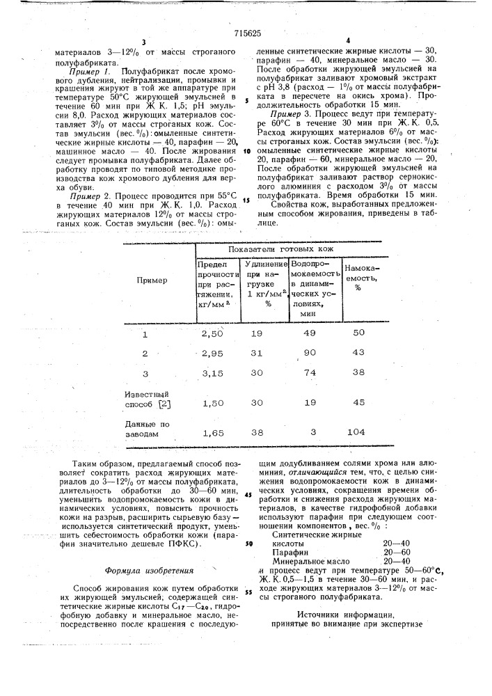 Способ жирования кож (патент 715625)