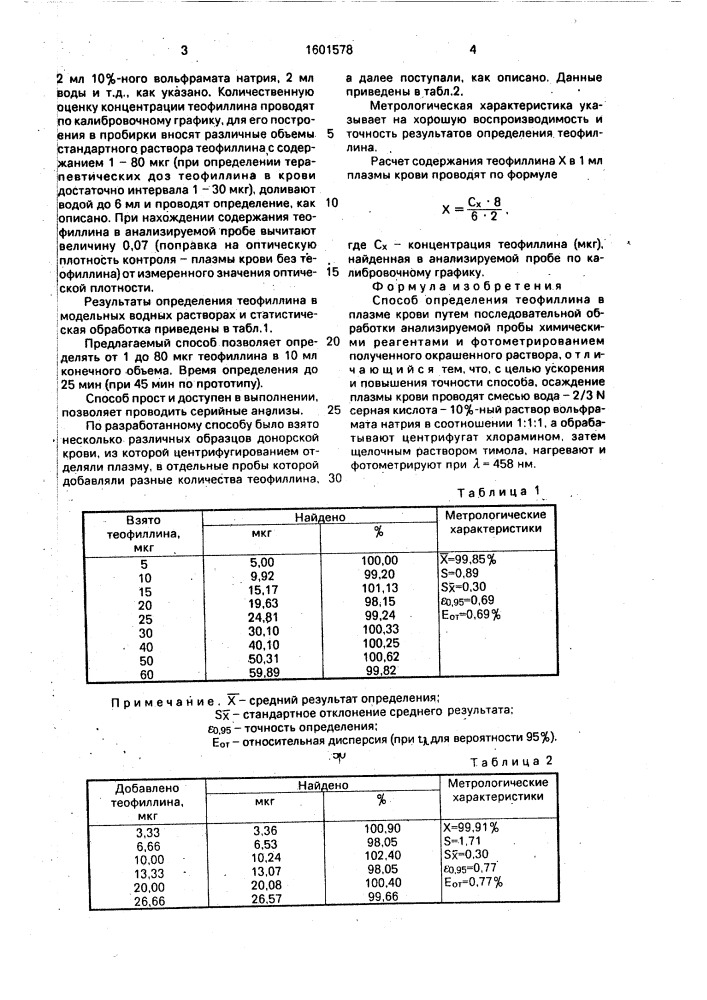 Способ определения теофиллина в плазме крови (патент 1601578)