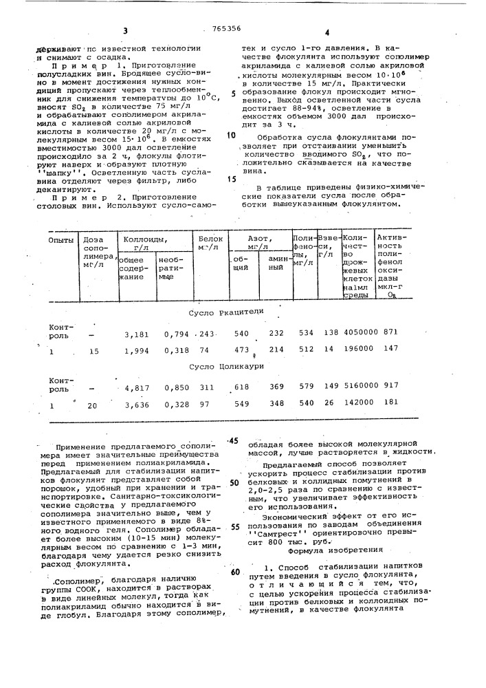 Способ стабилизации напитков (патент 765356)