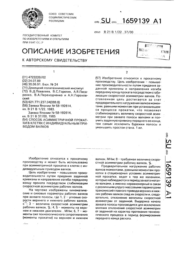 Способ асимметричной прокатки в клетях с индивидуальным приводом валков (патент 1659139)