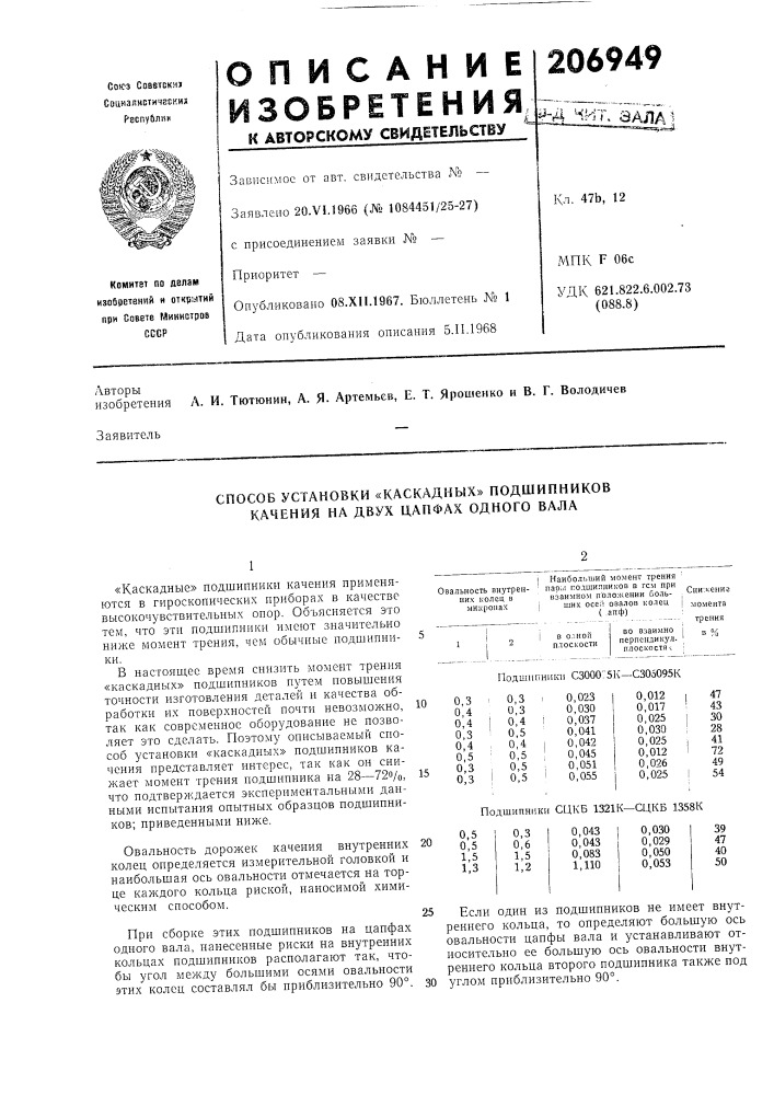 Способ установки «каскадных» подшипников качения на двух цапфах одного вала (патент 206949)