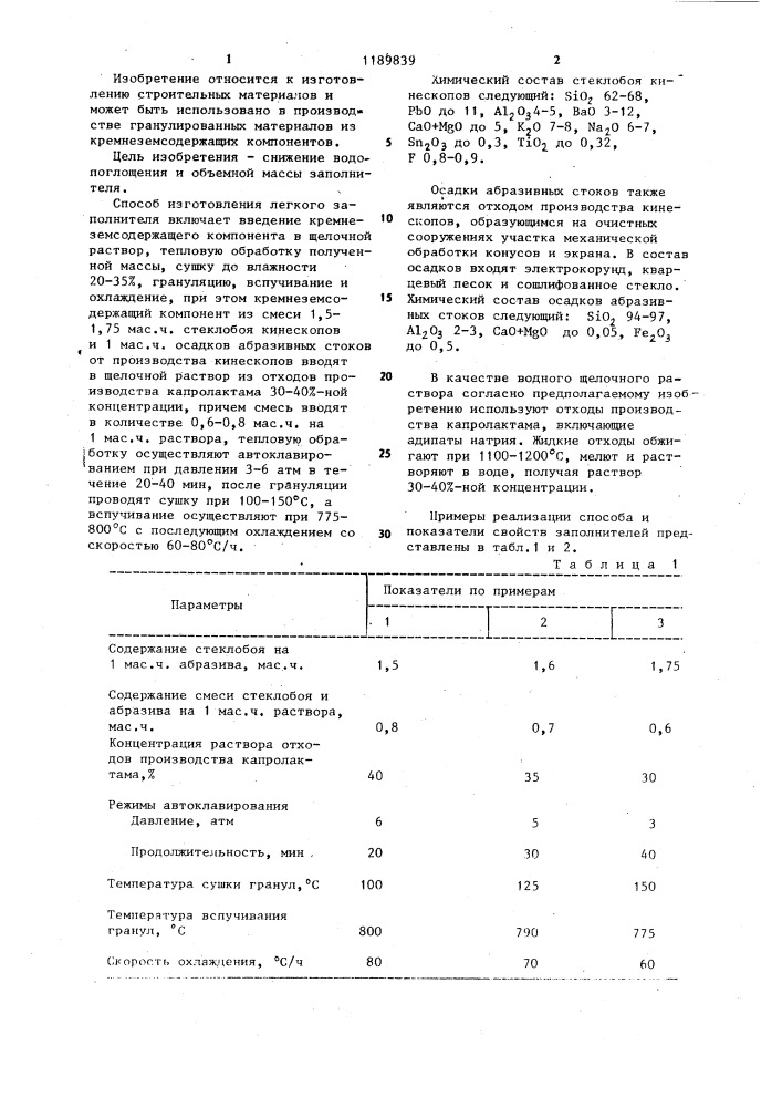 Способ изготовления легкого заполнителя (патент 1189839)