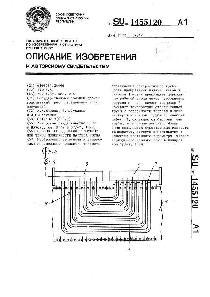 Способ определения негерметичной трубы поверхности нагрева котла (патент 1455120)