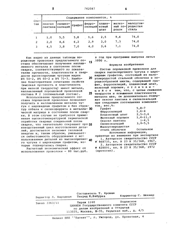 Состав порошковой проволоки (патент 742087)