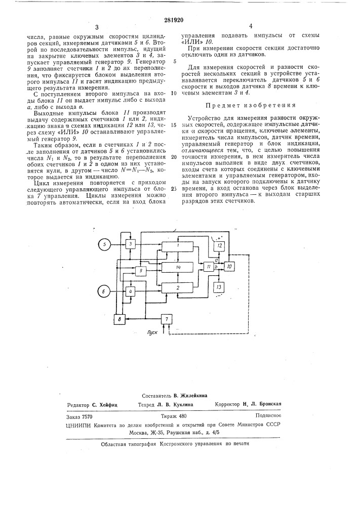 Устройство для измерения разности окружныхскоростей (патент 281920)