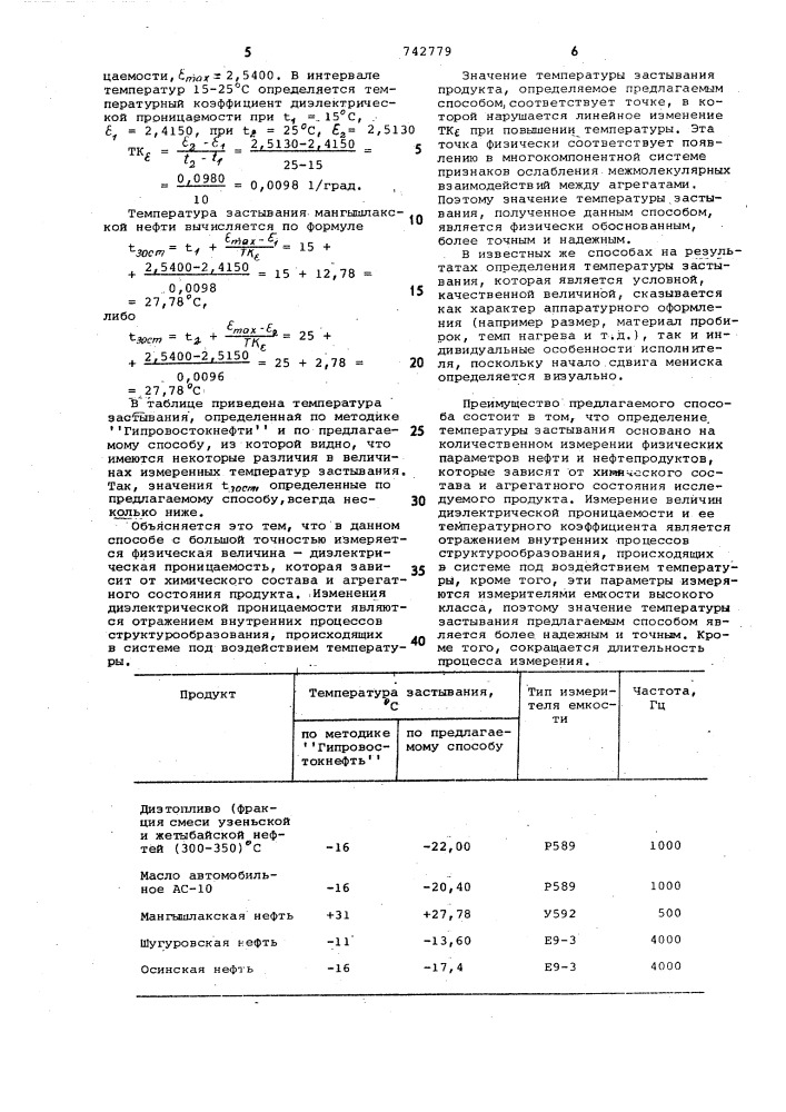 Способ определения температуры застывания нефти и нефтепродуктов (патент 742779)