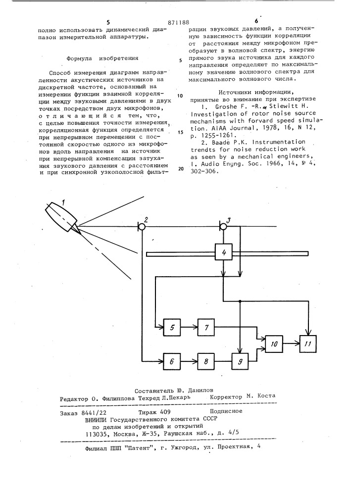 Способ измерения диаграмм направленности акустических источников на дискретной частоте (патент 871188)