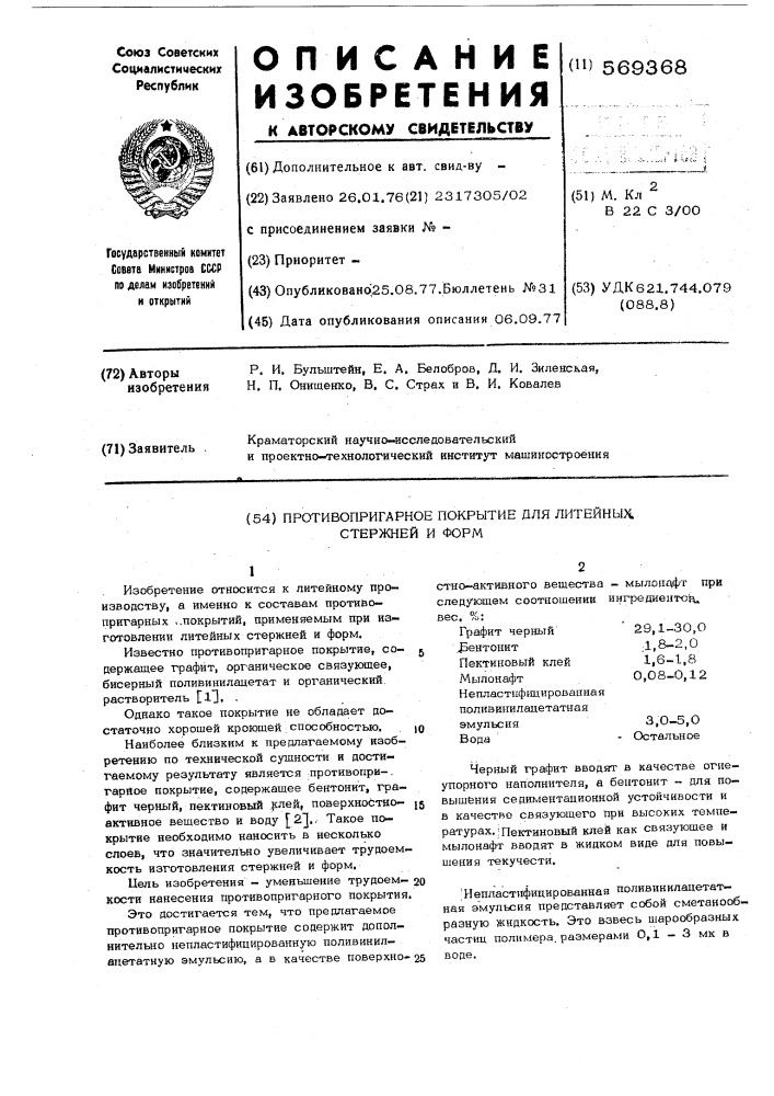 Противопригарное покрытие для литейных стержней и форм (патент 569368)