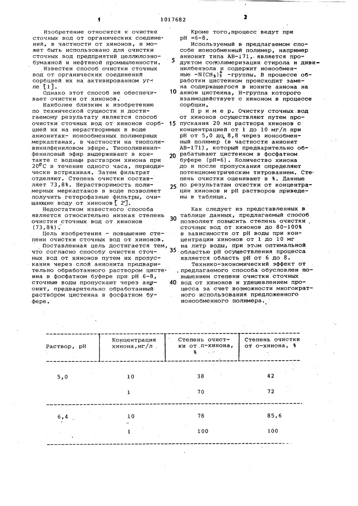 Способ очистки сточных вод от хинонов (патент 1017682)