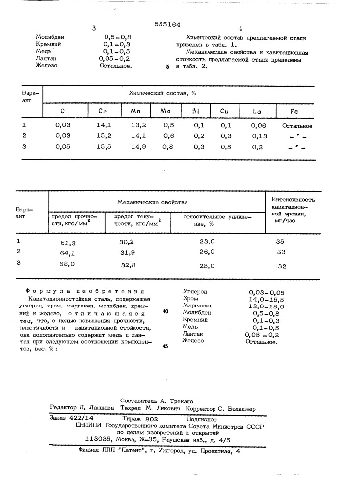 Кавитационностойкая сталь (патент 555164)