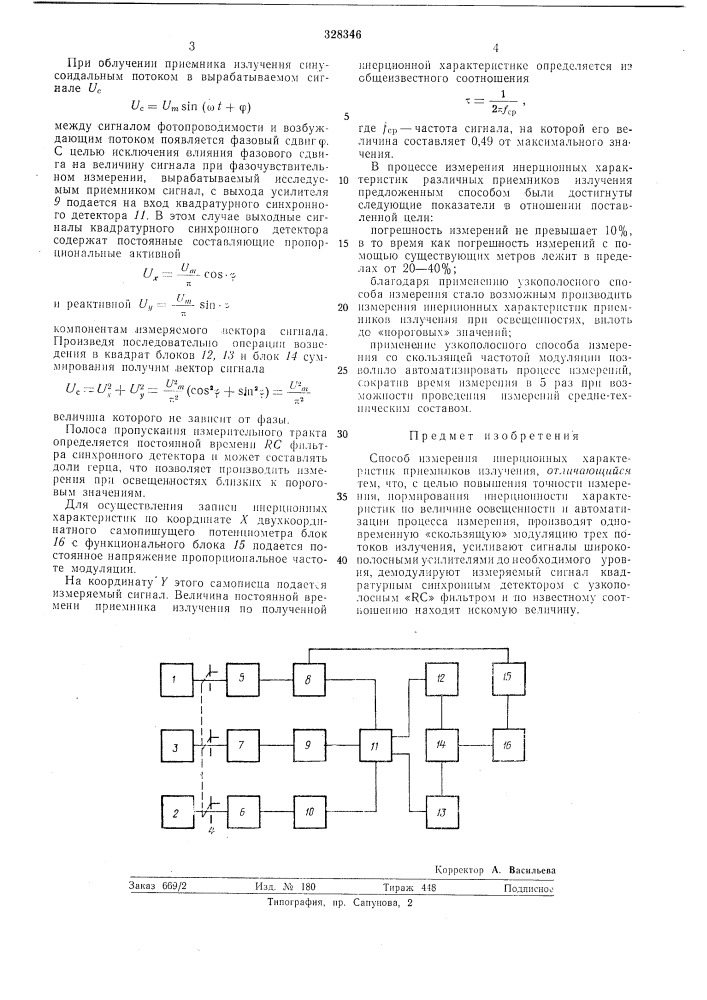 Способ измерения инерционных характеристик приемников излучения (патент 328346)