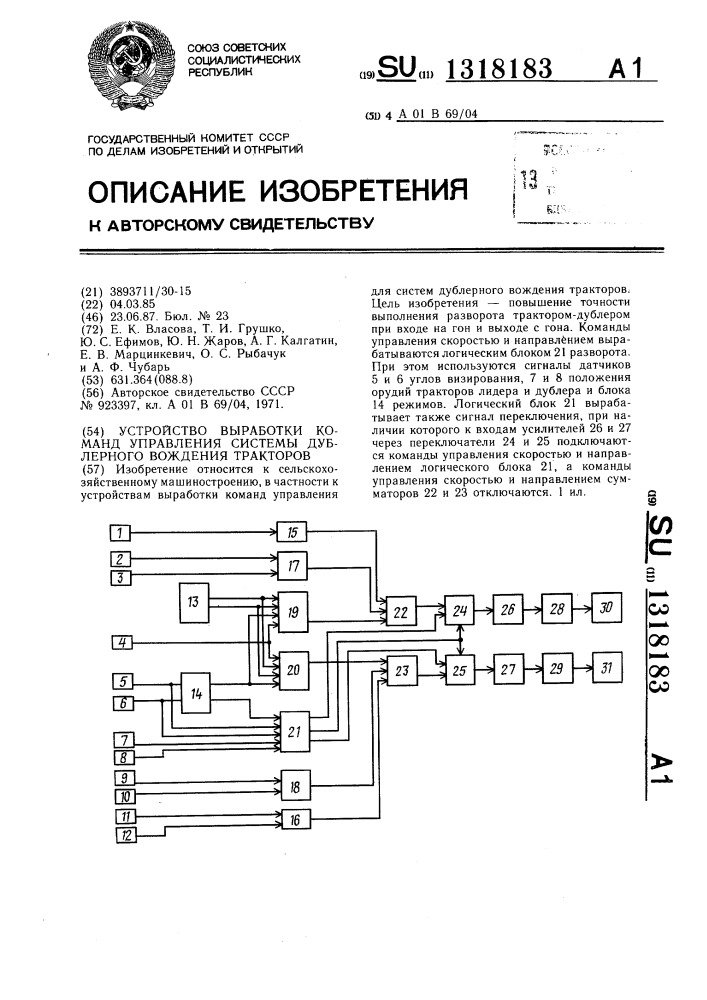 Устройство выработки команд управления системы дублерного вождения тракторов (патент 1318183)