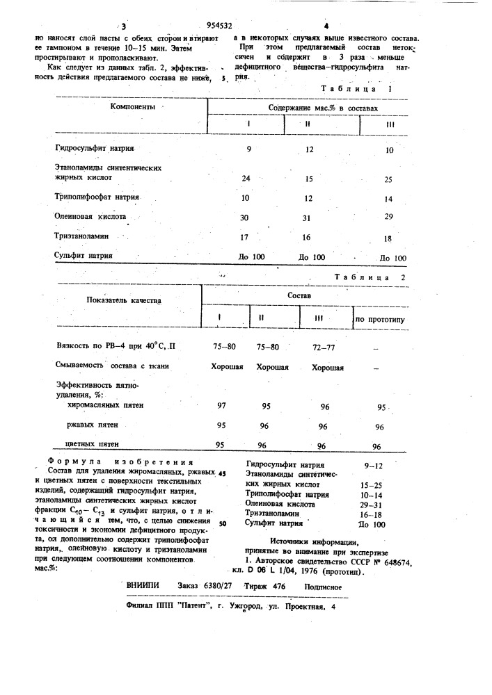 Состав для удаления жиромасляных, ржавых и цветных пятен с поверхности текстильных изделий "семицвет-2 (патент 954532)