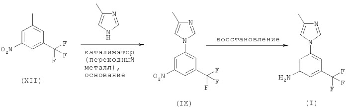 Способ получения 5-(4-метил-1н-имидазол-1-ил)-3-(трифторметил)бензамина (варианты) (патент 2446162)